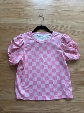 English Factory Pink Checkerboard Puff Sleeve Tee